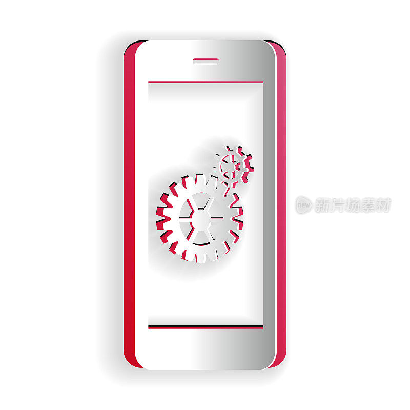 Paper cut Setting on smartphone screen icon isolated on white background. Mobile and gear. Adjusting app, set options, repair, fixing phone concepts. Paper art style. Vector